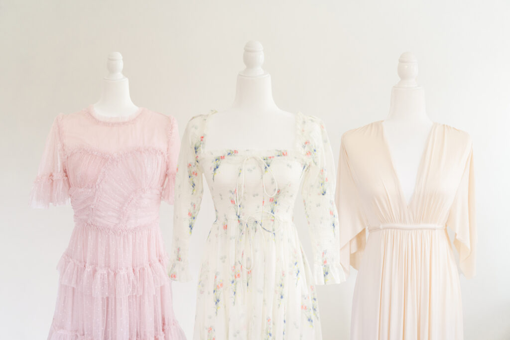 Mannequins with gorgeous, romantic dresses from the Courtney Landrum Photography client closet.