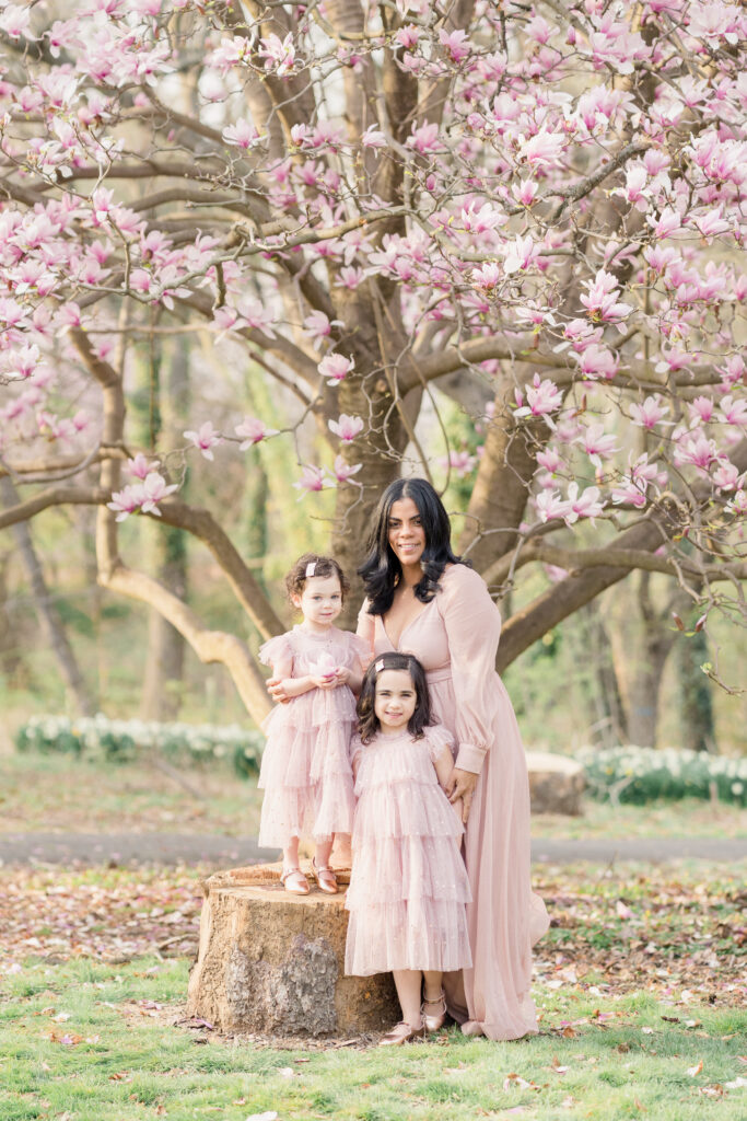 A mom and her two daughters wearing pink dresses with the Magnolia blossoms in Fairmount Park.