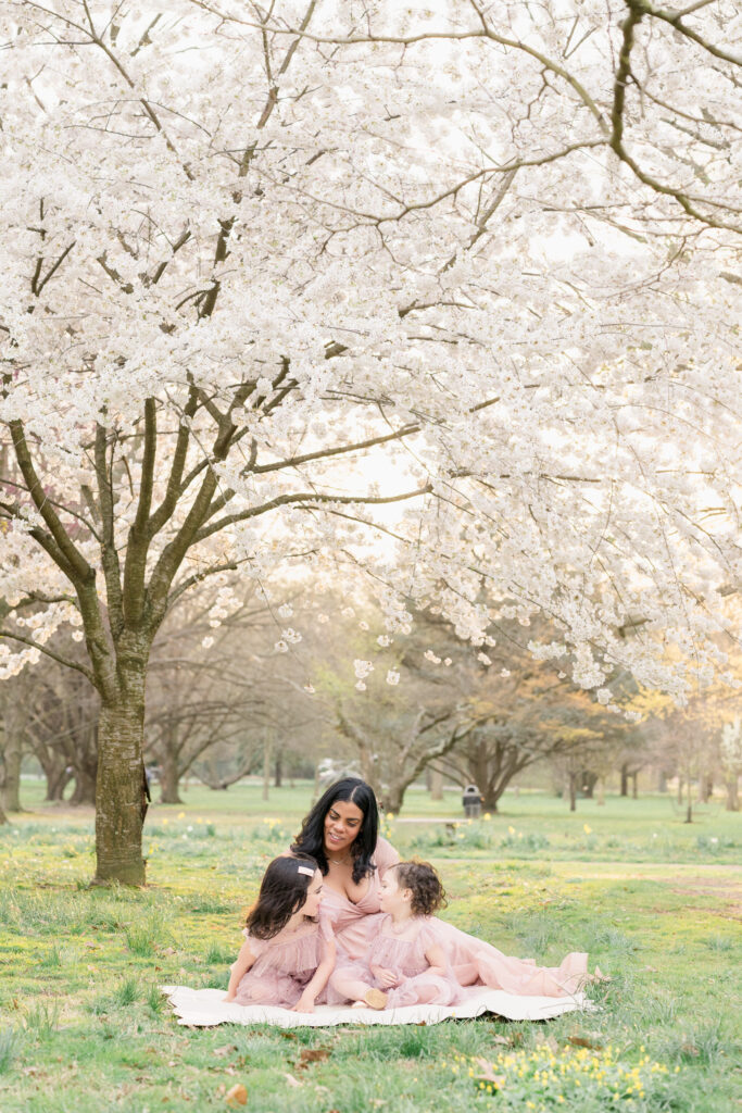 Mother and daughters wearing pink ruffle dresses sit underneath a cherry tree blossoming.
