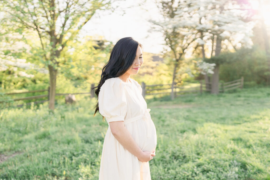 Pregnant model wearing a dress from Liv & Company, an online maternity dress retailer.