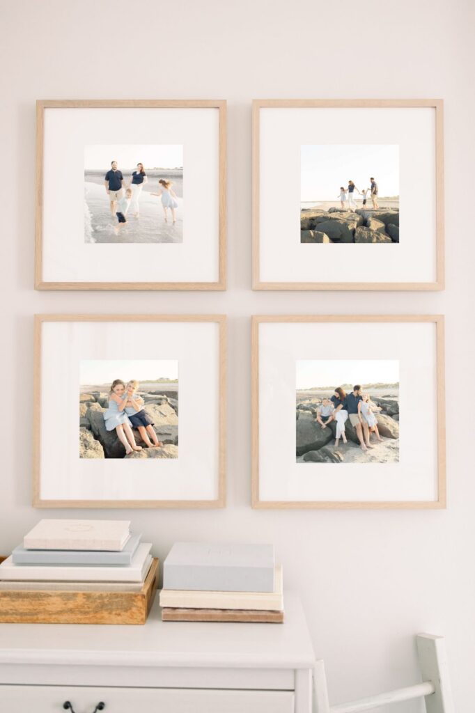 Four square portraits with minimal light wood frames of beach family portraits at the Jersey shore.