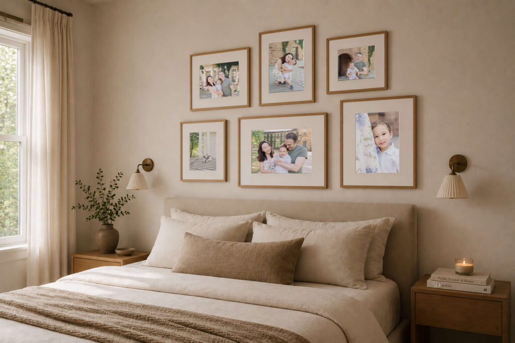 Grouping of five family portraits in Princeton hanging above the bed.