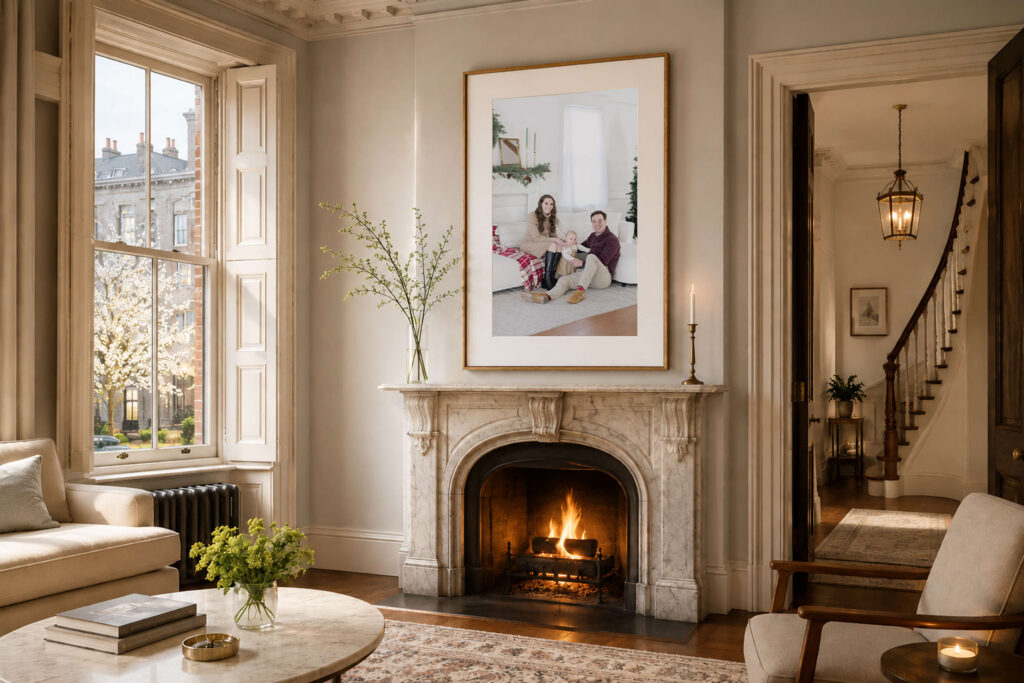 Family portrait above the fireplace in a historic Philadelphia home.